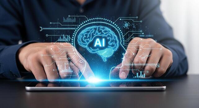 Person using digital tablet to interact with AI brain interface innovative technology concept Futuristic digital brain and neural network on a tablet screen artificial intelligence future technology d photo