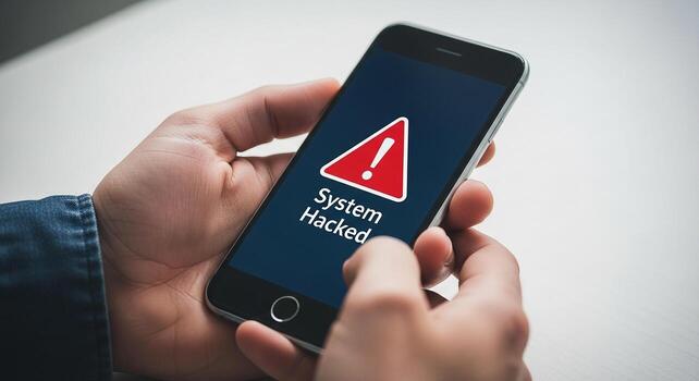 Person viewing a smartphone screen displaying a system hacked alert message experiencing a digital security breach and feeling vulnerable and anxious photo