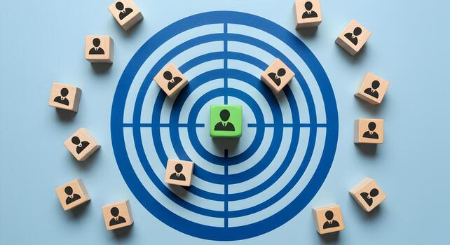 Ideal Candidate Selection Green Block Person Icon in the Center of a Target with Wooden Blocks Representing a Group of Applicants photo