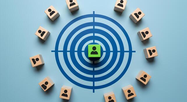 Target audience selection a green cube representing the ideal customer is centered on a dartboard surrounded by many other cubes symbolizing the wider market This image represents the concept of ideal photo