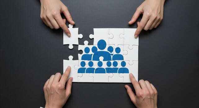 Teamwork and Collaboration Hands Assembling Jigsaw Puzzle with People Icon on Dark Tabletop Symbolizing Unity and Shared Goals photo