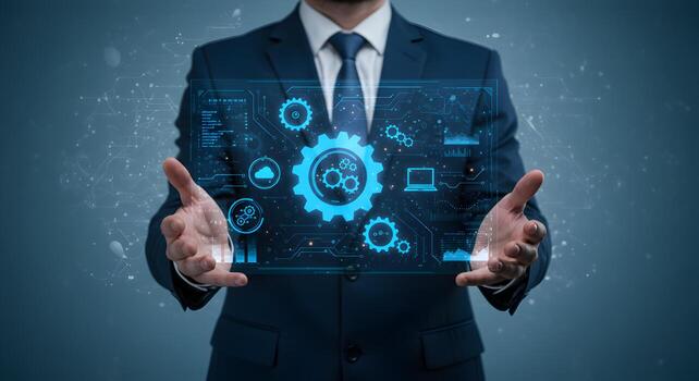 Businessman Presenting Futuristic Technology Interface with Gears and Data Analytics in a Modern Office Setting Symbolizing Innovation and Progress photo