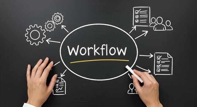 Hands drawing workflow diagram on blackboard illustrating process optimization teamwork and project management strategies for improved efficiency and productivity photo