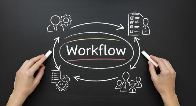 Chalkboard drawing of a workflow process with hands drawing arrows and icons illustrating business process teamwork and efficiency photo