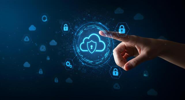 Hand Interacting with Futuristic Cloud Security Interface Highlighting Digital Protection and Data Privacy in a Modern Technological Setting The image evokes a sense of safety trust and technological photo