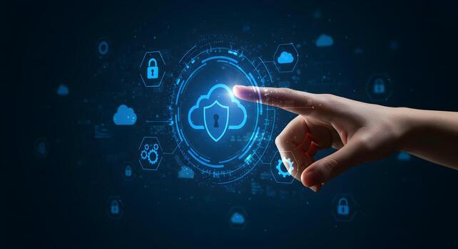 Hand Interacting with Futuristic Cloud Security Interface A Conceptual Image Depicting Secure Data Protection in the Digital Age photo