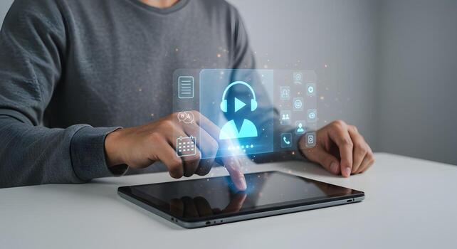 Person using digital tablet accessing virtual customer support interface with holographic icons providing seamless tech assistance innovative solution for online help and communication photo