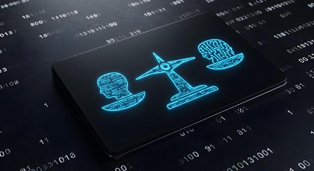 Digital Brain and Wind Turbine Balancing on a Futuristic Scale Displayed on a Screen with Binary Code Background Representing the Concept of Sustainable Energy and Artificial Intelligence photo
