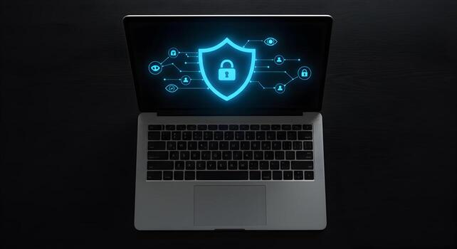 Laptop Displaying a Digital Shield and Lock Icon Representing Cyber Security and Data Protection on a Dark Desk photo