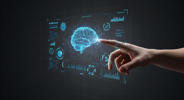 Hand Interacting with Futuristic Holographic Brain Interface Showing Neural Network AI and Big Data Analytics photo