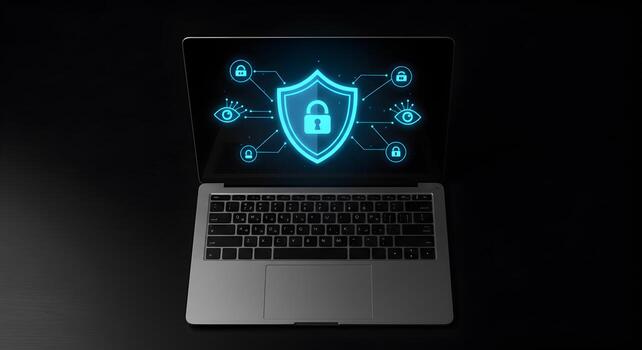 Cyber Security Protection Laptop Displaying a Glowing Shield and Lock Icon Representing Digital Safety and Data Privacy on a Dark Background photo