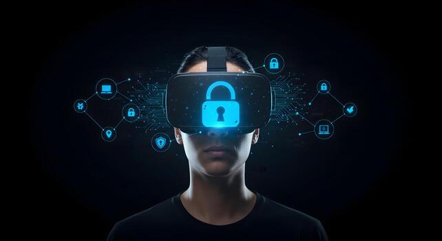 Person wearing a VR headset experiencing a futuristic digital lock interface symbolizing cybersecurity and data protection in a virtual reality environment The concept is about innovative digital secu photo