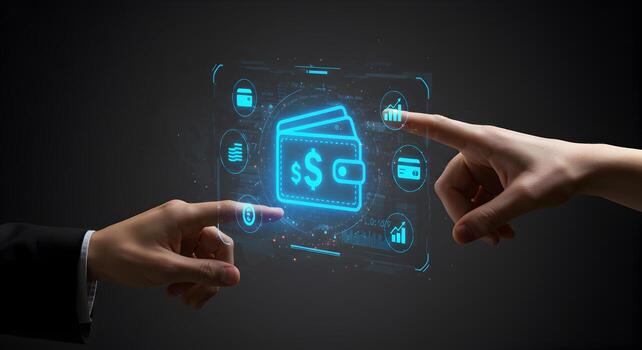 Digital Wallet Interface Two Hands Interacting with a Futuristic Holographic Digital Wallet Displaying Financial Data and Transaction Icons photo