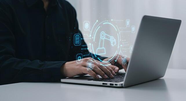 persona trabajando en ordenador portátil con robótico brazo y automatización proceso íconos innovador tecnología concepto en moderno oficina futurista digital transformación y industria 40 ai y máquina aprendizaje inteligente fa foto