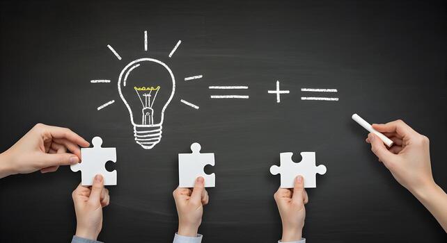Teamwork and Collaboration Hands connecting puzzle pieces on a blackboard with a drawn lightbulb symbolizing idea generation and problemsolving photo
