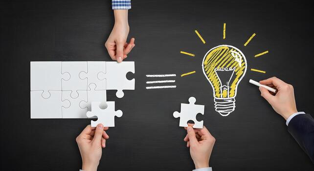 Teamwork and Collaboration Hands Connecting Jigsaw Puzzle Pieces on Blackboard Symbolizing Creative Idea Generation and Problem Solving photo