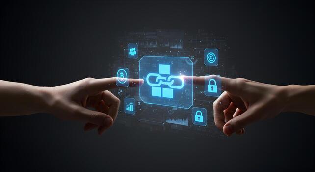 Two hands reaching toward a glowing digital chain link symbol representing connection security and blockchain technology in a futuristic technological environment The image evokes concepts of networki photo