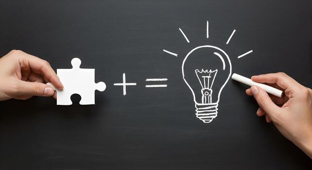 Two hands placing a puzzle piece and drawing a lightbulb on a blackboard symbolizing teamwork creativity and problemsolving The image represents the innovative process of combining ideas to generate s photo