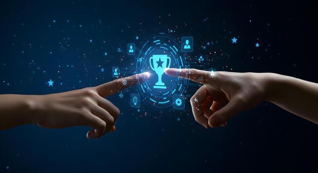 Two hands reaching out to virtually touch a glowing trophy in a futuristic digital space symbolizing collaboration success and shared achievement photo