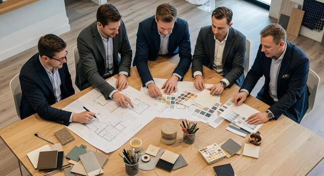 Architects and designers collaborating on a creative project in a modern office reviewing blueprints and color palettes for a new building design Teamwork innovation and architectural planning are key photo
