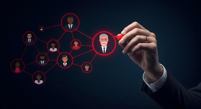 Hand drawing a network of diverse business professionals highlighting a senior executive concept of leadership teamwork and global networking in a modern business setting photo