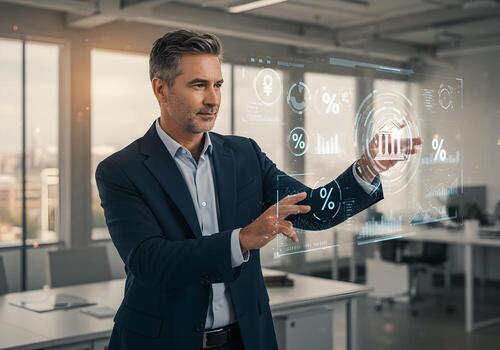 Confident businessman interacts with a futuristic transparent holographic interface displaying financial data and banking icons in a modern office setting symbolizing innovative financial technology a photo