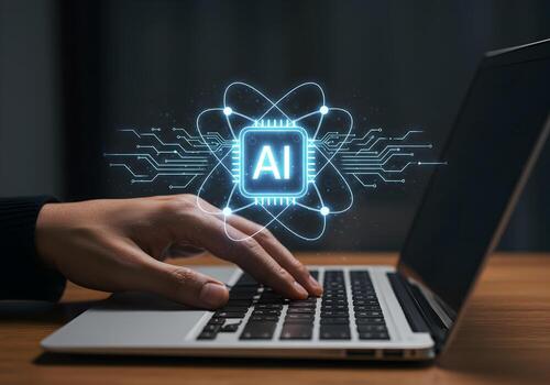 persona utilizando ordenador portátil computadora interactuando con ai interfaz exhibiendo futurista tecnología y innovación en un de madera escritorio a noche el imagen evoca un sentido de digital transformación y Progreso en foto