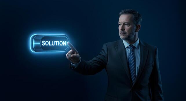 Businessman activating a digital solution interface a concept of problemsolving and innovation in a modern technological environment This image evokes a sense of strategic planning and forwardthinking photo
