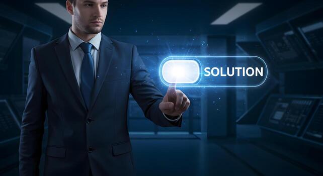 Businessman activating a digital solution interface in a futuristic server room symbolizing innovative problemsolving and technological advancement photo