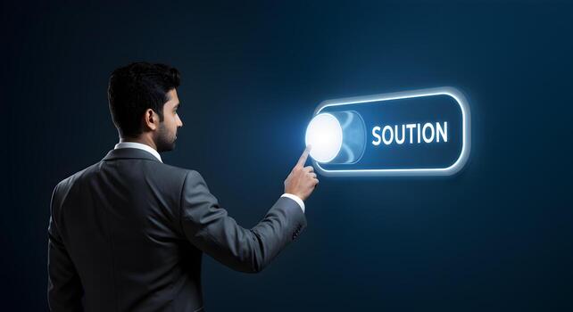 Businessman activating solution button strategic innovative digital technology concept A modern professional in a suit interacts with a glowing interface signifying problemsolving and progress in a da photo