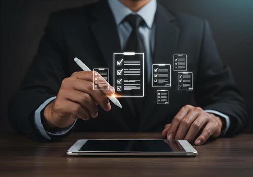 Businessman using stylus on digital tablet checking tasks on checklist app interface concept of planning organization and efficient workflow in modern office photo