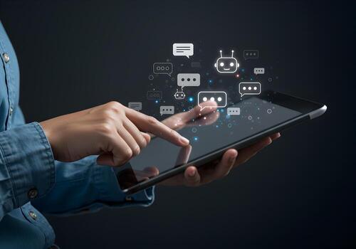 Woman using a digital tablet interacting with a chatbot interface filled with communication bubbles and AI icons exploring innovative digital communication technology photo