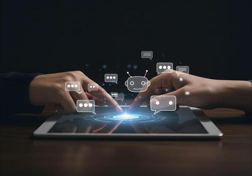 Two hands using a digital tablet to interact with AI chatbot digital communication concept futuristic technology on dark background The image depicts seamless communication and innovative technology photo