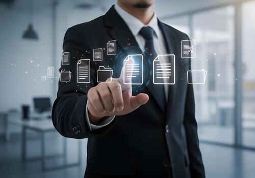 Businessman in modern office using digital interface to manage documents showcasing efficient workflow and digital transformation photo