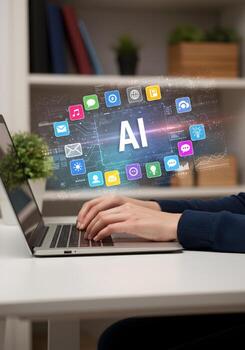 Person using laptop computer working with AI machine learning and big data in modern home office Futuristic technology concept photo