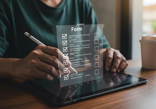 Person completing an online form using a stylus on a digital tablet working efficiently from a modern home office showcasing the concept of digital task management and online efficiency photo