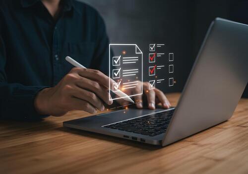 Person completing a checklist on a digital tablet working in a modern office setting showcasing efficiency and productivity The image evokes a sense of accomplishment and meticulous attention to detai photo