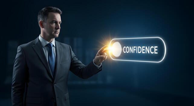 Confident businessman activating confidence button futuristic interface success concept A portrait of a successful man in a suit activating a glowing button that reads CONFIDENCE The image evokes feel photo