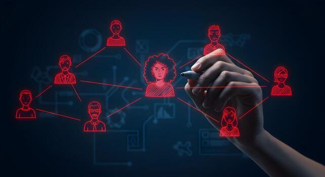 Hand drawing digital network connections illustrating teamwork communication and collaboration in a modern business setting The image portrays a central female figure connected to a diverse team symbo photo