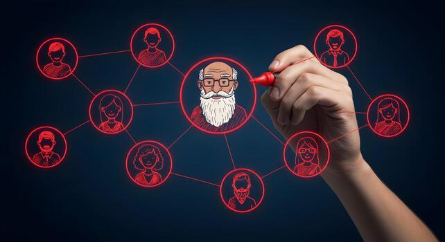 Hand drawing a social network connecting diverse people with a senior man at the center illustrating concepts of community networking and inclusion photo