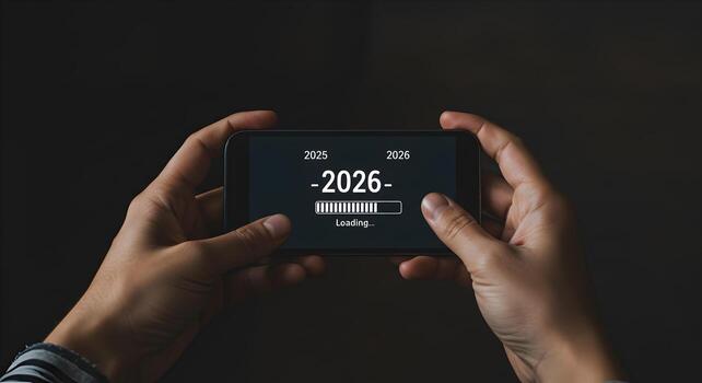 persona participación teléfono inteligente mostrando un 2026 cargando bar simbolizando anticipación para el nuevo año en contra un oscuro antecedentes el imagen transporta un sentido de expectativa y el paso de hora foto
