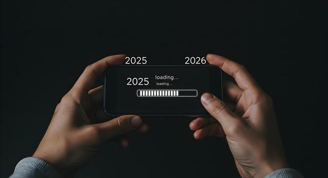 Person holding smartphone displaying a progress bar indicating the transition from 2025 to 2026 against a dark background symbolizing anticipation and the passage of time photo
