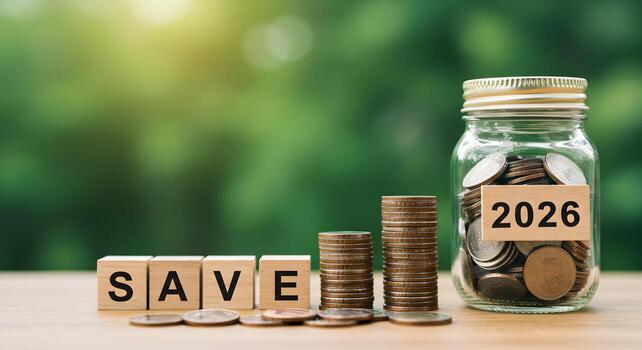 Coins Stacked in Ascending Order with a Glass Jar Filled with Coins and a Wooden Block with 2026 Written on It All on a Wooden Table Against a Blurred Green Background Representing Savings and Financi photo