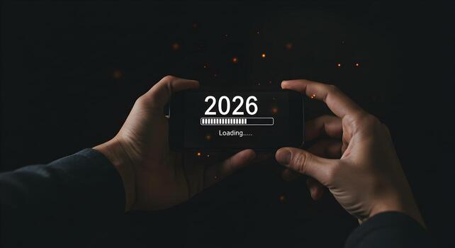 Person holding smartphone displaying 2026 Loading against a dark background with bokeh lights - concept of anticipation for the new year future and technology photo