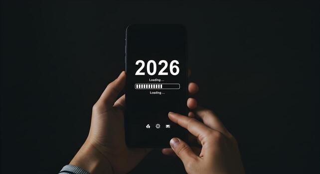 persona utilizando teléfono inteligente mostrando un cargando bar para el año 2026 en el pantalla en contra un oscuro antecedentes anticipación para el nuevo año futuro tecnología concepto foto