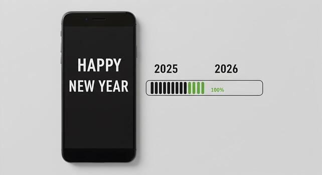teléfono inteligente mostrando contento nuevo año mensaje con 2026 Progreso bar cargando en blanco antecedentes concepto de nuevo años cuenta regresiva y festivo celebracion foto