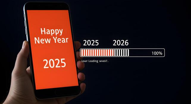 Person holding smartphone displaying Happy New Year 2025 message with progress bar loading 2026 symbolizing anticipation and the transition to the new year photo