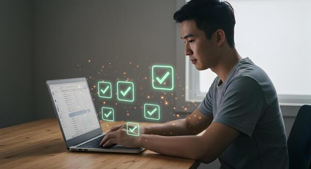 joven hombre trabajando en ordenador portátil a hogar comprobación Tareas y lograr metas sensación productivo y exitoso en su en línea negocio él es utilizando un ordenador portátil computadora y digital marcas de verificación Aparecer encima su mano foto