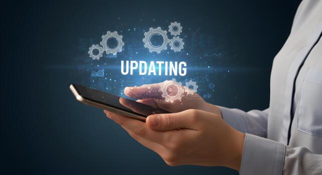 Woman using smartphone updating software digital gears and data in background progress concept photo