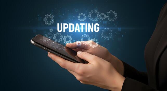 Person updating software on smartphone progress technology digital gear process innovation update mobile application screen hand finger touch device gadget network connection interface blue dark backg photo